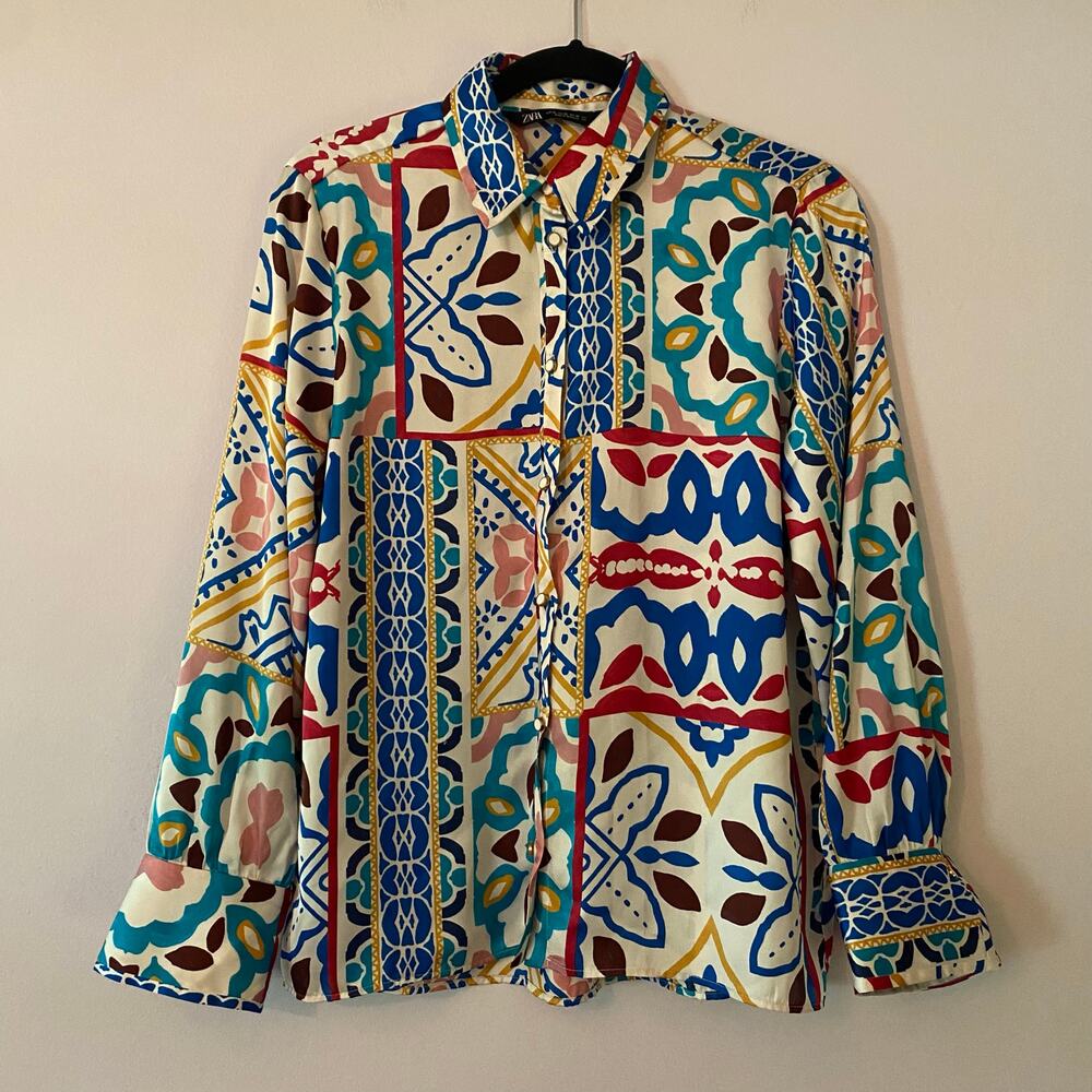 Zara Multicolor Abstract Western Button Down Blouse Silky Maximalist Women's XS